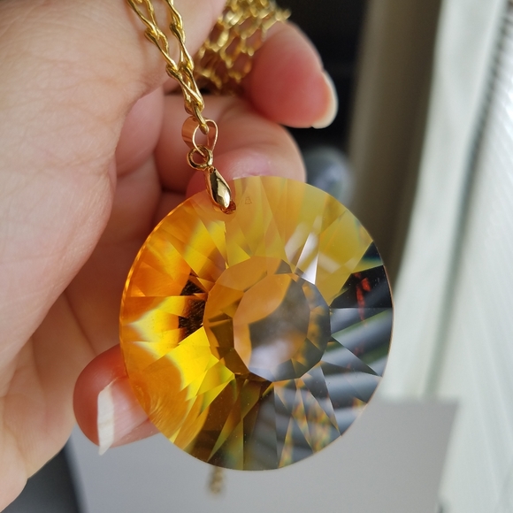 Swarovski Jewelry - Swarovski Elements Huge Round Disk Faceted Pendant Necklace on Gold Chain